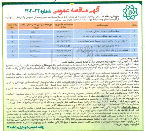 آگهی مناقصه عملیات تکمیل ساختمان الحاقی ناحیه یک .....