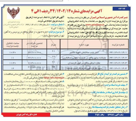 مزایده اجاره 4 مورد از اماکن واقع در پردیس راه آهن - نوبت دوم