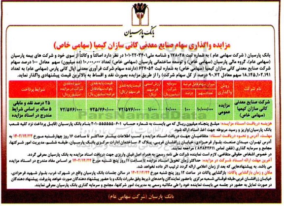 مزایده واگذاری سهام صنایع معدنی کانی سازان کیمیا 