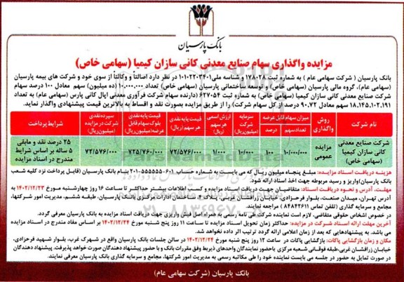 مزایده واگذاری سهام صنایع معدنی کانی سازان کیمیا