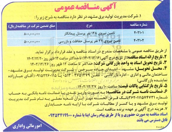  مناقصه تامین نیروی 128 نفر پرسنل پیمانکار 