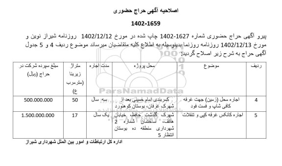 اصلاحیه آگهی حراج حضوری اجاره محل (زمین) جهت غرفه تنقلات و کافی شاپ و... 