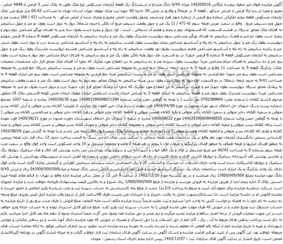 مزایده میزان 0/45 دانگ مشاع از ششدانگ یک قطعه آپارتمان مسکونی