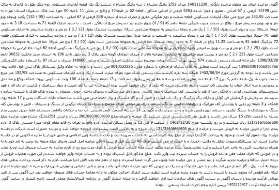 مزایده میزان 2/51 دانگ مشاع از سه دانگ مشاع از ششدانگ یک قطعه آپارتمان مسکونی