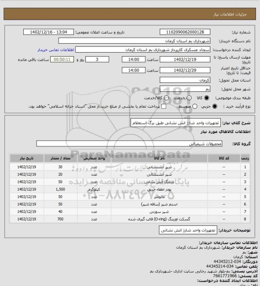 استعلام تجهیزات واحد شارژ اتش نشانی طبق برگ استعلام