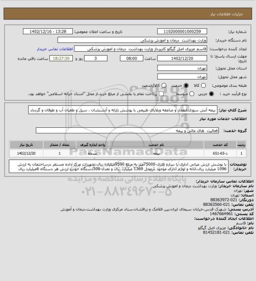 استعلام بیمه آتش سوزی،انفجار و صاعقه وبلایای طبیعی با پوشش زلزله و آتشنشان ، سیل و طغیان آب و طوفان و گردباد