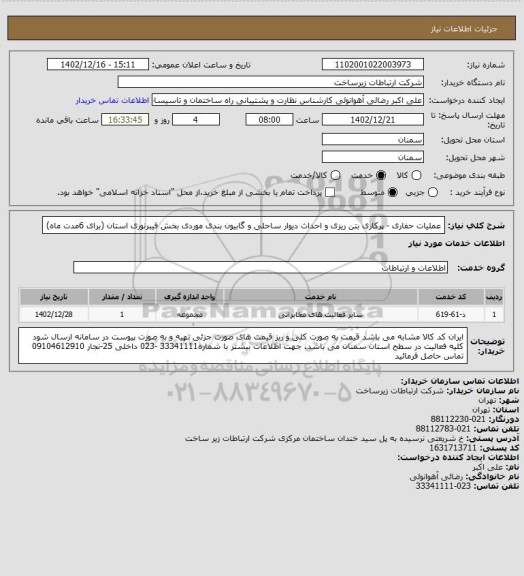 استعلام عملیات حفاری - پرکاری بتن ریزی و احداث دیوار ساحلی و گابیون بندی موردی بخش فیبرنوری استان (برای 6مدت ماه)