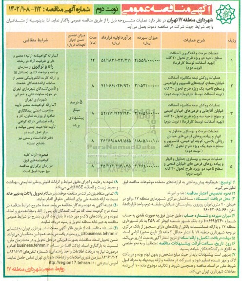 مناقصه عملیات مرمت و لکه گیری سطح ناحیه دو و ... - نوبت دوم 