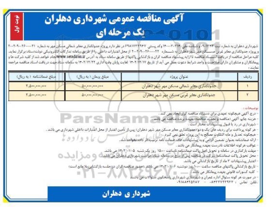 مناقصه پروژه جدولگذاری معابر شمالی مسکن مهر ...