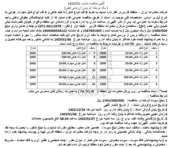 مناقصه خرید 8 قلم انواع کابل ژله فیلد خاکی و 4 قلم انواع کابل مهاردار هوایی