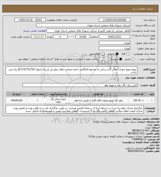 استعلام پروژه توزیع حفرات خالی گاز رسانی به مجتمع کارگاهی ناحیه صنعتی دهک براور این شرکت مبلع 6/710/751/521 ریال می باشد