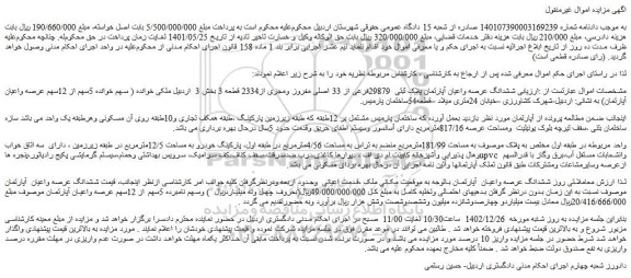 مزایده فروش ششدانگ عرصه واعیان آپارتمان پلاک ثبتی  29879فرعی از 33 اصلی مفروز ومجزی از2334 قطعه 3 