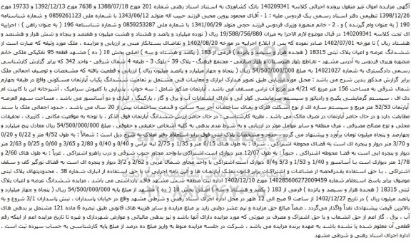 مزایده ملک به پلاک ثبتی 18315 ( هجده هزار و سیصد و پانزده ) فرعی از 183 ( یکصد و هشتاد و سه ) اصلی