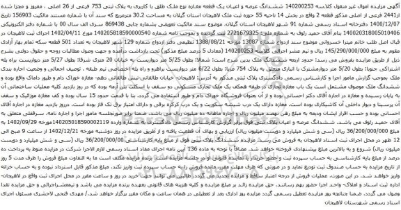 مزایده ششدانگ عرصه و اعیان یک قطعه مغازه