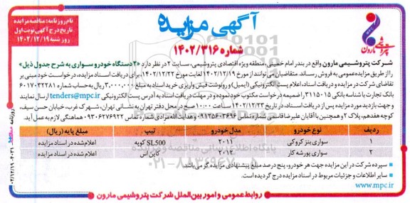 مزایده فروش2 دستگاه خودرو سواری