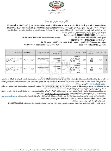 مزایده فروش 2 قطعه زمین
