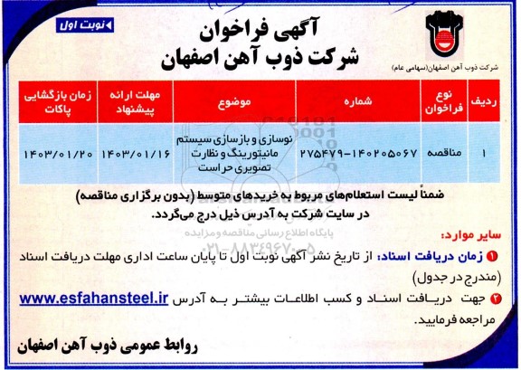 مناقصه نوسازی و بازسازی سیستم مانیتورینگ و نظارت تصویری حراست