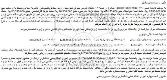 مزایده فروش یکدستگاه سواری پژوپارس 