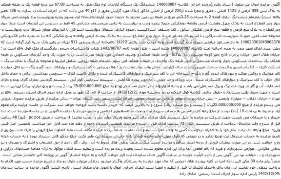 مزایده ششدانگ یک دستگاه آپارتمان