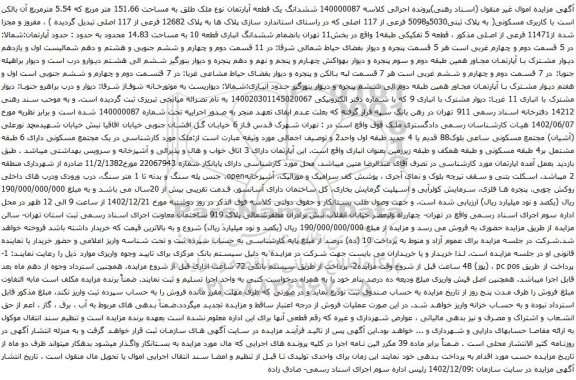 مزایده ششدانگ یک قطعه آپارتمان