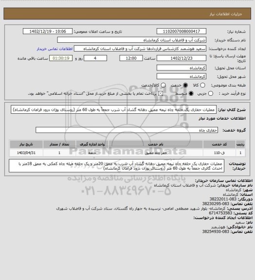 استعلام عملیات حفاری یک حلقه چاه نیمه عمیق دهانه گشاد آب شرب  جمعاً به طول 60 متر (روستای بوژان درود فرامان کرمانشاه)
