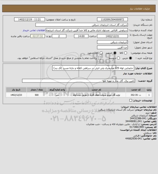 استعلام جابجایی لوله 125 میلیمتری پلی اتیلن  در سراهی کلاله و دارانا مسیر (آق بند)