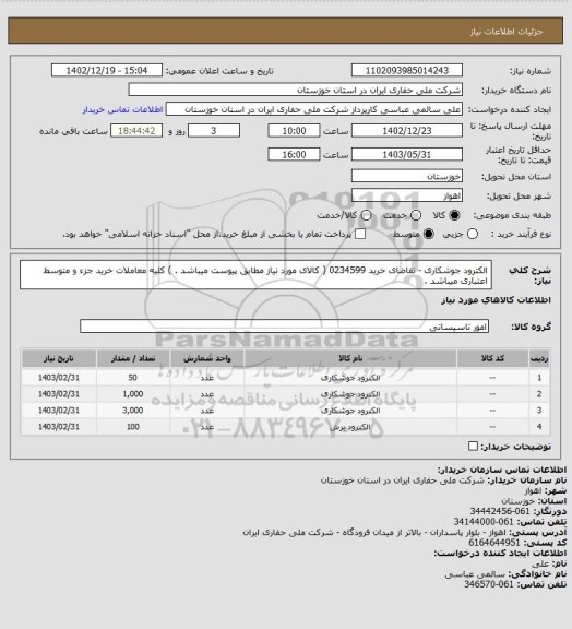 استعلام الکترود جوشکاری - تقاضای خرید 0234599 ( کالای مورد نیاز مطابق پیوست میباشد . ) کلیه معاملات خرید جزء و متوسط اعتباری میباشد .