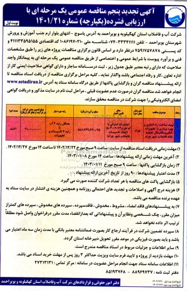 تجدید پنجم مناقصه پروژه تهیه، حمل و نصب و راه اندازی و آزمایش عملکردی و بهره برداری تجهیزات الکترومکانیکال تصفیه خانه فاضلاب -