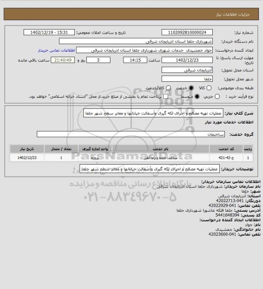 استعلام عملیات تهیه مصالح و اجرای لکه گیری وآسفالت خیابانها و معابر سطح شهر جلفا