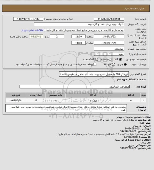 استعلام نورافکن 200 وات طبق شرح پیوست (ساخت داخل مدنظرمی باشد)