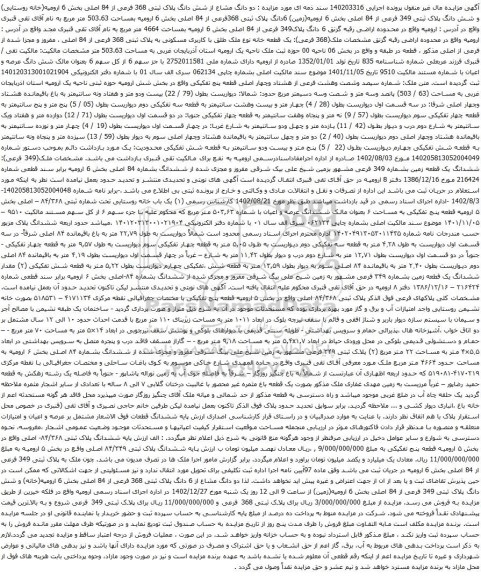 مزایده دو دانگ مشاع از شش دانگ پلاک ثبتی 368 فرعی از 84 اصلی