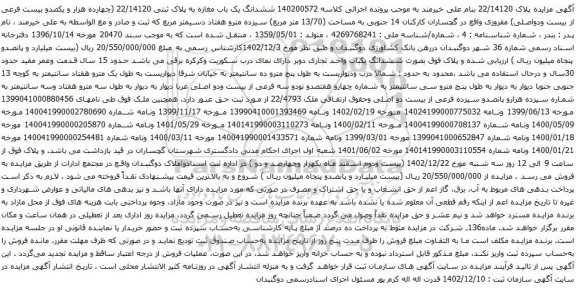مزایده ششدانگ یک باب مغازه به پلاک ثبتی 22/14120