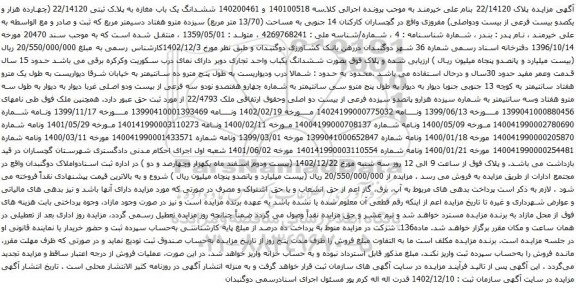 مزایده ششدانگ یک باب مغازه به پلاک ثبتی 22/14120