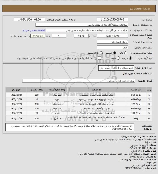 استعلام تهیه مصالح و اجرای جداره سازی