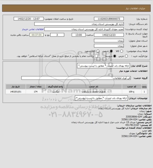 استعلام ارائه پهنای باند اینترنت * مطابق با لیست پیوستی*