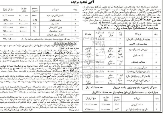 تجدید مزایده فروش اموال منقول و غیرمنقول شرکت تعاونی شوکاناز میبد 