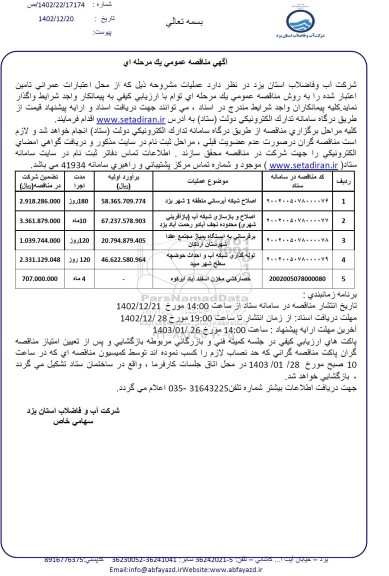 مناقصه اصلاح شبکه آبرسانی....