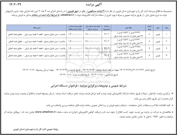 مزایده فروش 4 واحد مسکونی