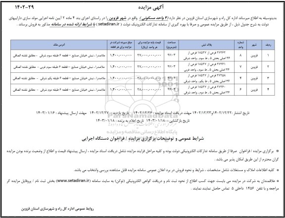 مزایده فروش 4 واحد مسکونی 