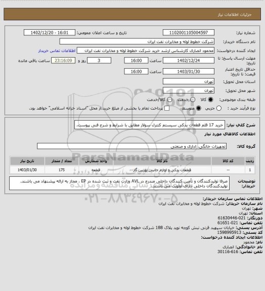 استعلام خرید 17 قلم قطعات یدکی سیستم کنترل سولار مطابق با شرایط و شرح فنی پیوست.