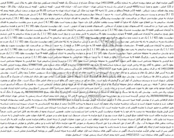 مزایده میزان دودانگ مشاع از ششدانگ یک قطعه آپارتمان مسکونی