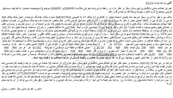 مزایده فروش 6دانگ عرصه و اعیان ملک پلاک 349 فرعی از 20 فرعی از 1895 اصلی