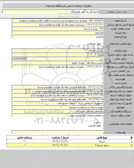 مزایده, بهره برداری از رستوران سیرجان