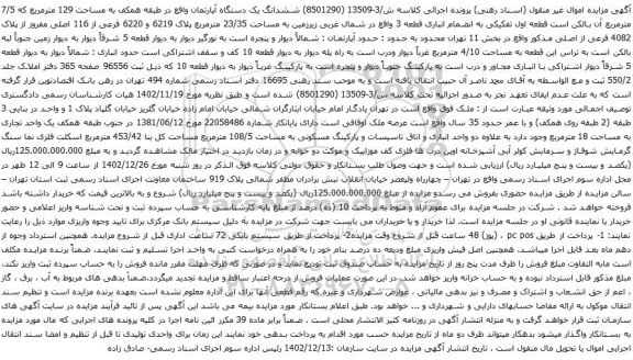 مزایده  ششدانگ یک دستگاه آپارتمان