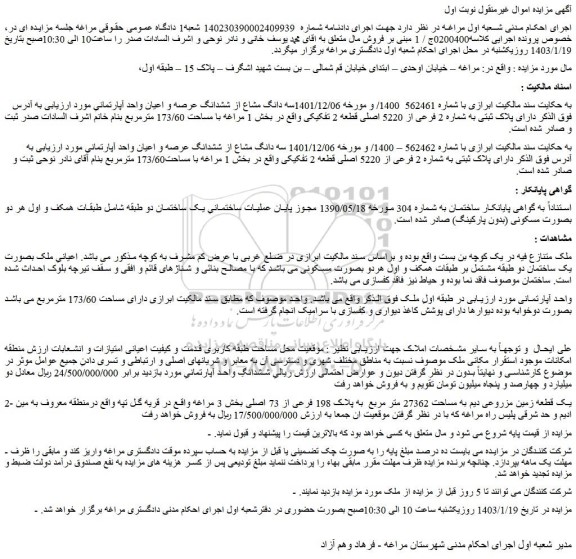 مزایده پلاک ثبتی به شماره 2 فرعی از 5220 اصلی قطعه 2 تفکیکی 