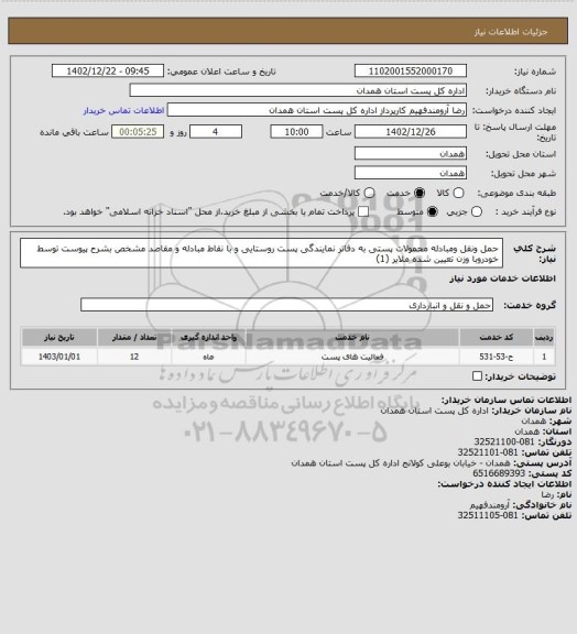 استعلام حمل ونقل ومبادله محمولات پستی به دفاتر نمایندگی پست روستایی و با نقاط مبادله و مقاصد مشخص بشرح پیوست توسط خودروبا وزن تعیین شده ملایر (1)