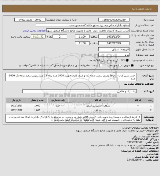 استعلام خرید دیس کباب سایز36 چینی سفید  درجه یک تو لیدی کارخانه زرین 1000 عدد
پیاله 13 چینی زرین سفید درجه یک 1000 عدد