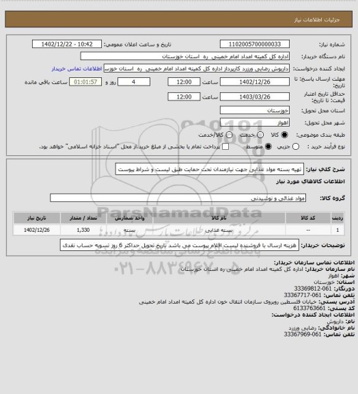 استعلام تهیه بسته مواد غذایی جهت نیازمندان تحت حمایت طبق لیست و شراط پیوست