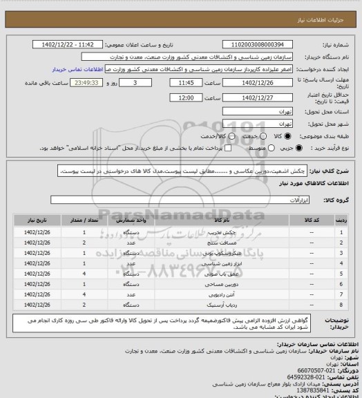 استعلام چکش اشمیت،دوربین عکاسی و .......مطابق لیست پیوست.مدل کالا های درخواستی در لیست پیوست.