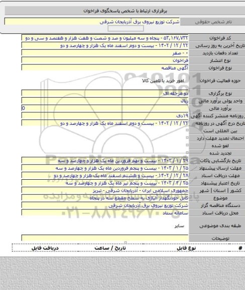 مناقصه, کابل خودنگهدار آلیاژی به سطح مقطع سه در پنجاه